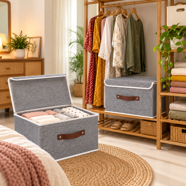 Grey fabric storage boxes in a bedroom