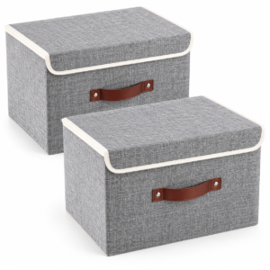Set of 2 Grey Foldable Storage Boxes with Lids & Handles – Large Wardrobe Organizer Bins